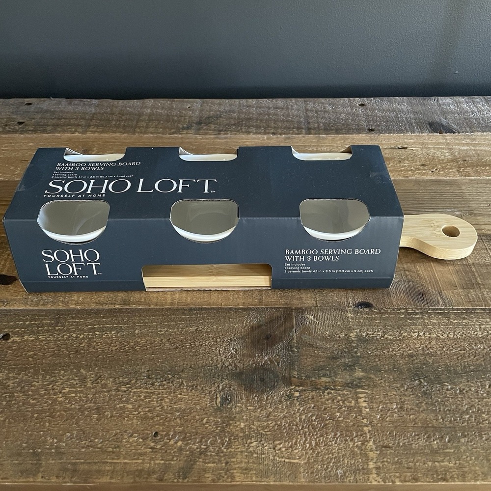NWT SOHO LOFT Bamboo Serving Board Tray with 3 Sauce Dip Nut Fruit Bowls Set